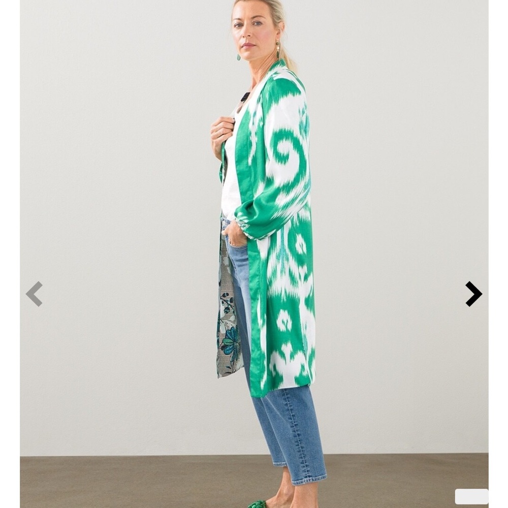 Chico’s Reversible Floral Printed Longline Kimono Ikat Duster Cardigan - Picture 4 of 15